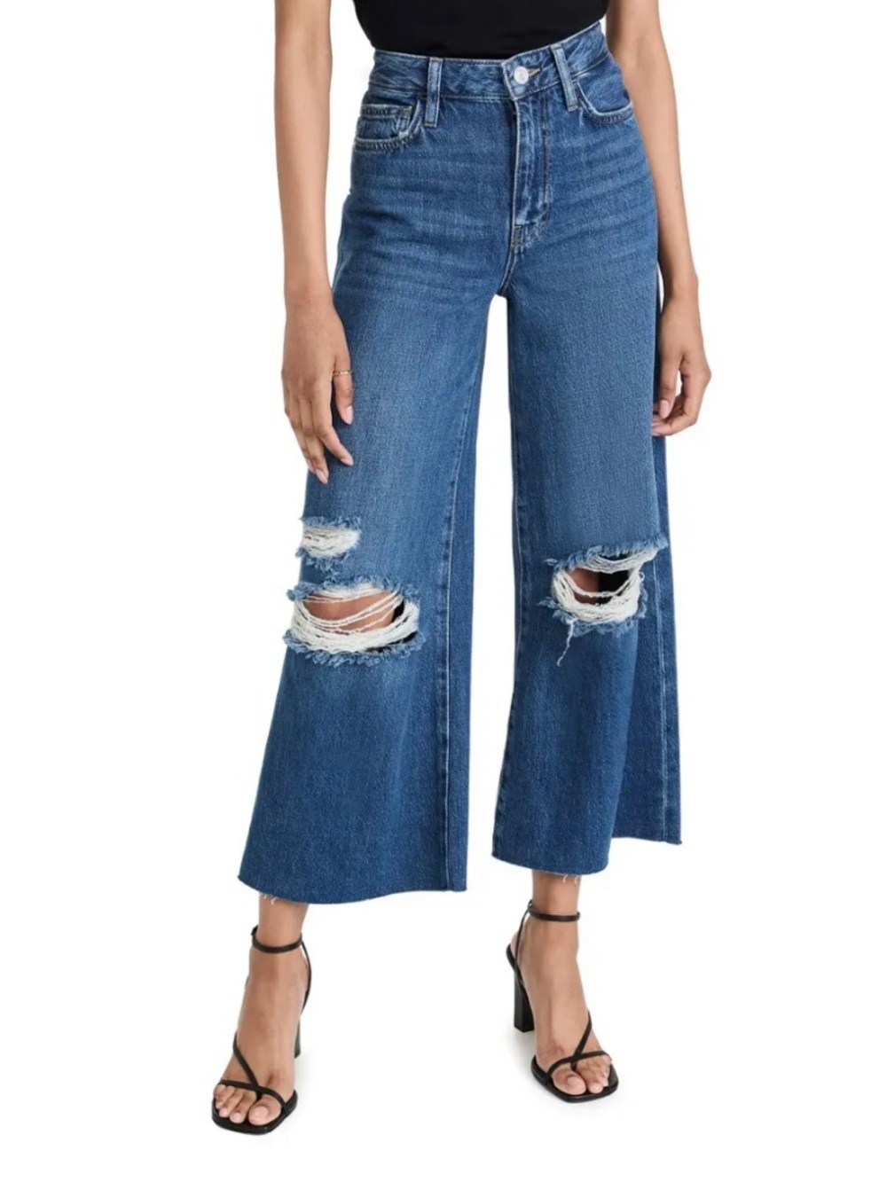Frame Denim High Rise Wide Crop Jeans Seafarer Rips Distressed Raw Hem Blue